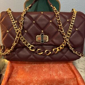Badgley Mischka Burgundy Quilted Shoulder Bag with Gold Chain